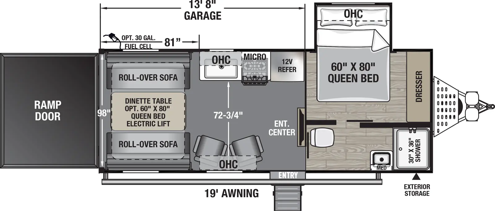 The Work and Play 21LT floorplan is a toy hauler that has one entry and one slide out. Exterior features include: fiberglass exterior and 19' awning. Interiors features include: front bedroom.